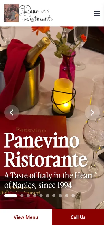 Panevino Ristorante website on a phone